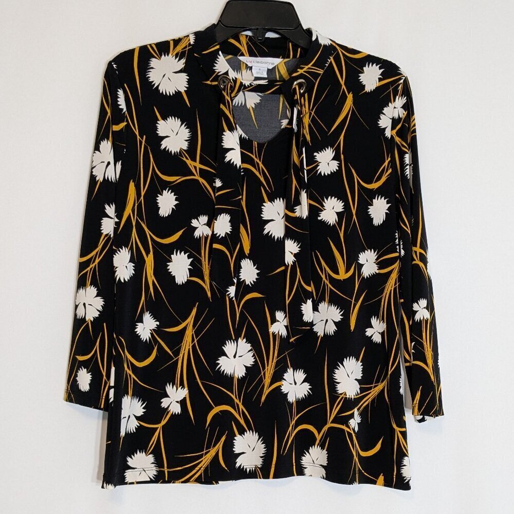 LIZ CLAIBORNE Black/Gold Floral 3/4 Sleeve Jersey Pullover Top; Size S